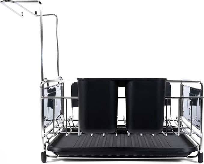 happimess Dish Drying Rack Compact Stainless Steel, 17.25", Silver/Black | Fingerprint-Proof, Wine Glass Holder, Detachable Utensil Caddy, Drainboard, Non-Slip Feet, Modern Contemporary Style - Image 11