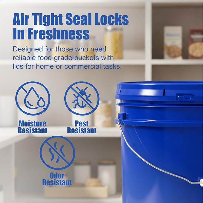 5 Gallon Bucket - Food Grade Bucket with Airtight Gasketed Tear Strip Lid, BPA-Free, Heavy-Duty 90 Mil HDPE Plastic Pail, Bulk Storage, Durable Container, Made in USA - Blue, 3 Packs | Airtight Gasketed Tear Strip Lid, Heavy-Duty 90 Mil HDPE Plastic Pa... - Image 5