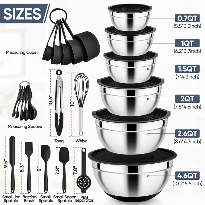 E-far Mixing Bowls with Airtight Lid Set, 25PCS Stainless Steel Nesting Prep Bowls with Grater Attachments Non-Slip Bottoms for Cooking, Baking, Serving, Food Storage, 4.6/2.6/2/1.5/1/0.7QT - Black - Image 2