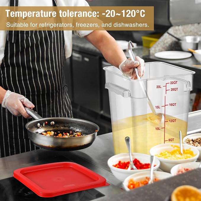 2 Pcs Square Food Storage Container Polycarbonate Clear Food Container with Lid Commercial Rice Storage with Graduations for Commercial Kitchen(22 Qt,Red) - Image 3
