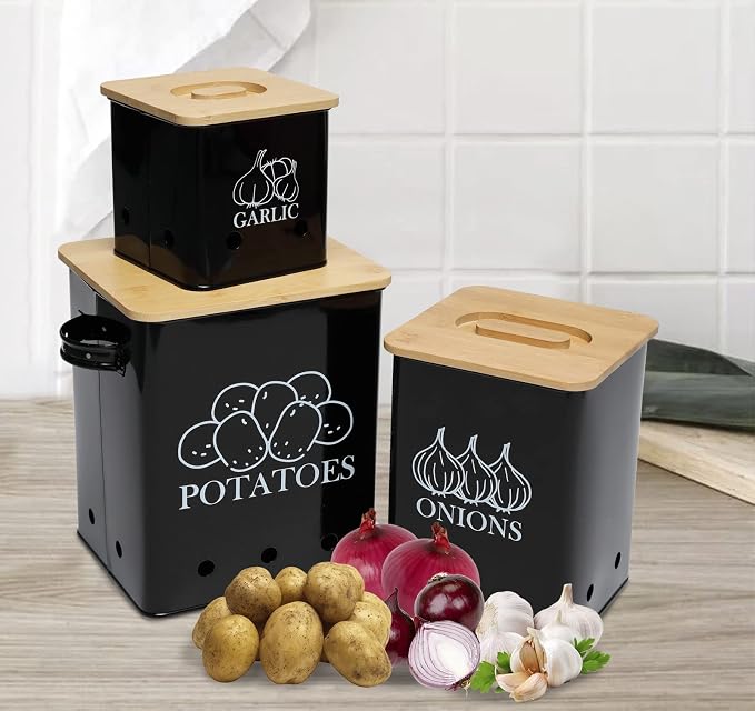Kitchen Canisters Set, Storage Bin for Potato Onion & Garlic, 3 Pack Set Countertop Pots Containers with Wooden Lid - Potato Storage, Garlic Bin, Onion Keeper Tin with Aerating Holes-Black - Image 6