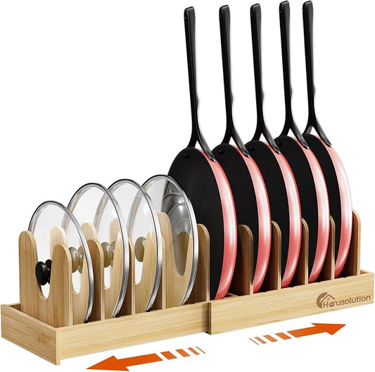 Housolution Bamboo Pot and Pan Lid Organizer Holder Storage Rack | 15"-29" Expandable, 10 Adjustable Dividers, Upgrade Solid Wooden Base, Easy Assembly by Housolution