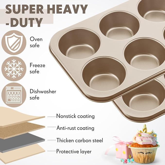 6 Pack Jumbo Nonstick Muffin Baking Pan Muffin Tins Heavy Duty Cupcake Tin Gold Carbon Steel Cup Cake Tray for Baking Cupcakes, Dishwasher Safe Small Muffins Tarts - Image 3