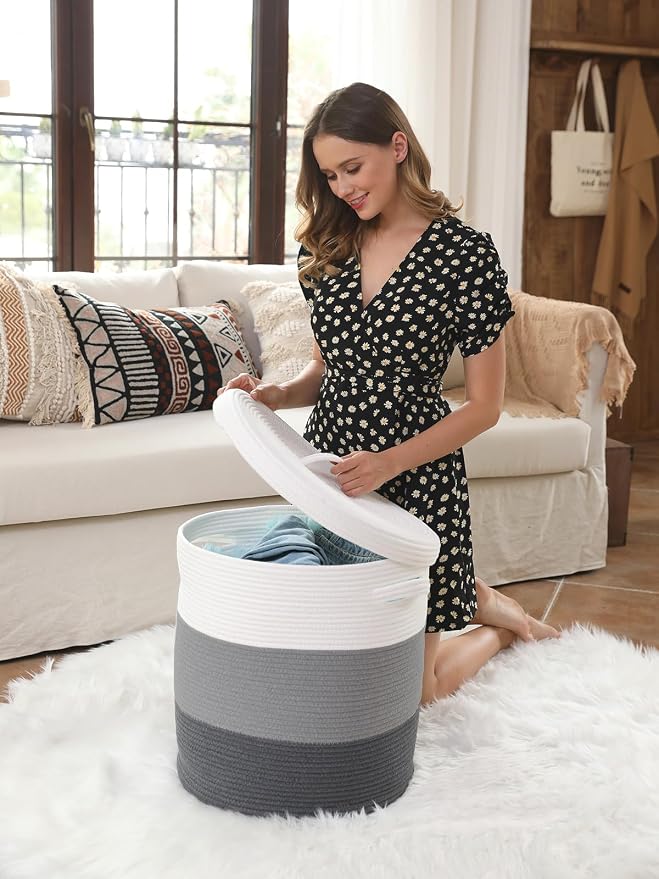 16x18 Inch Extra Large Round Cotton Rope Storage Basket with Lid, Decorative Woven Bin with Cover for Living Room Bedroom Closet, Grey & Dark Grey - Image 4