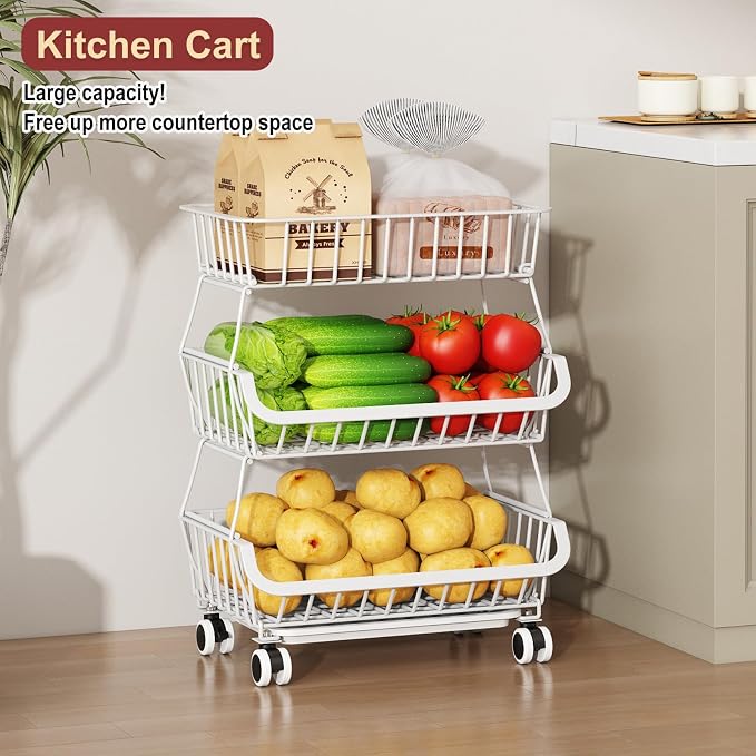 3-Tier Rolling Pantry Cart with Wheels, Stackable Wire Storage Floor Organizer for Kitchen Pantry Snack Shelves, Fruit Basket Stand, Vegetable Storage Rack for Food Snacks Onion Potato, White - Image 9