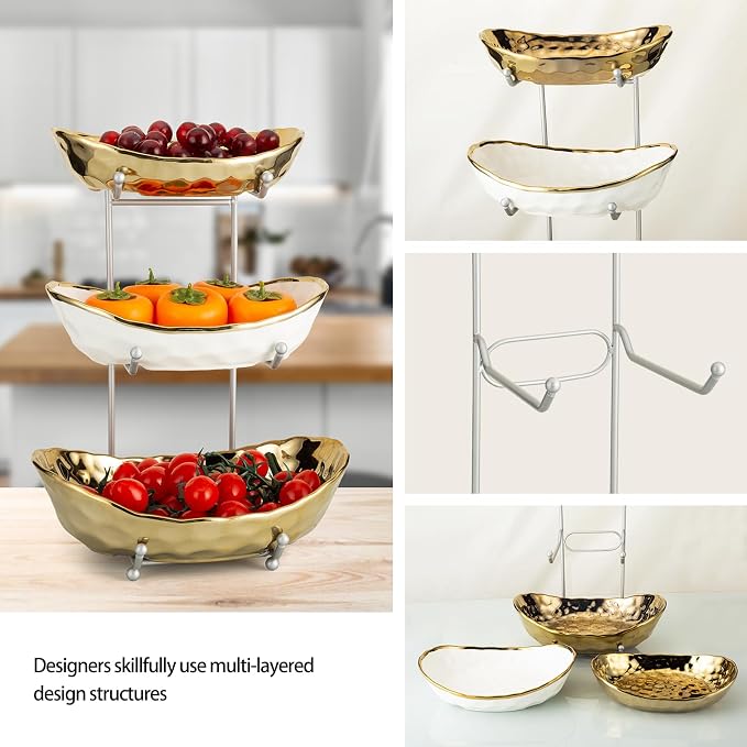 Ceramic Fruit Bowl for Kitchen Counter, 3 Tier Ceramic Serving Bowls with Metal Stand, Fruit Basket Stand Fruit Serving Tray Set for Vegetable Storage, Candy Snack Dessert Cake (Gold) - Image 5
