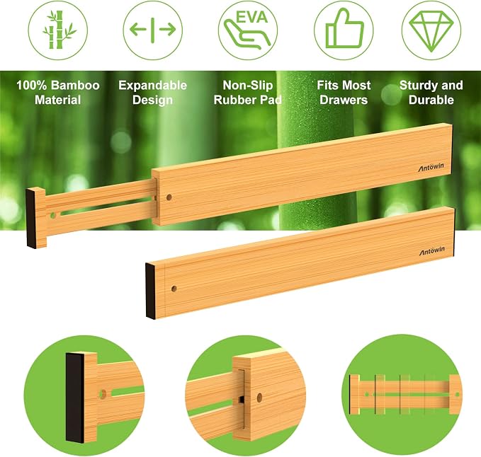 Bamboo Drawer Dividers Organizers 16pcs, Expandable Drawer Separators Splitter, 17-22 inches Long Adjustable Spring-loaded Organizer for Large Utensil, Clothes, Tools Drawers (8+8) - Image 4