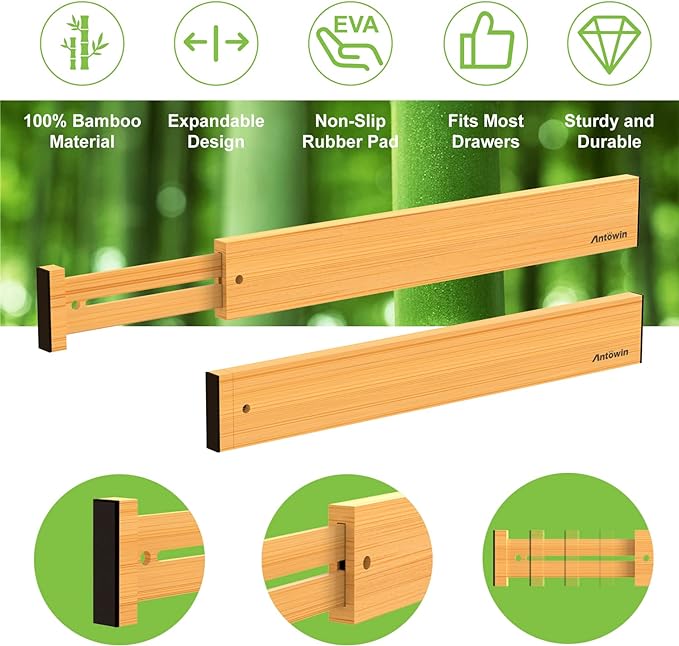 Bamboo Drawer Dividers Organizers 16pcs, Expandable Drawer Separators Splitter, 17-22 inches Long Adjustable Spring-loaded Organizer for Large Utensil, Clothes, Tools Drawers (8+8) - Image 4