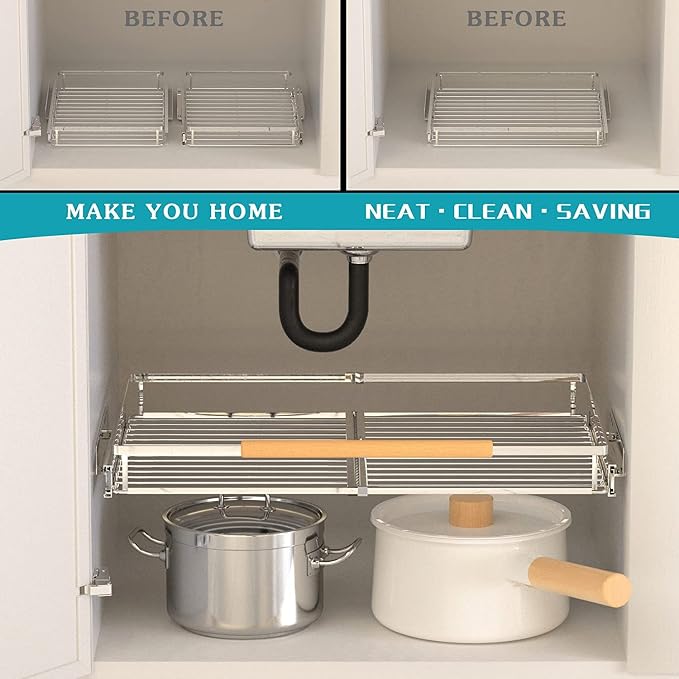 Expandable Sliding Basket, Pull-Out Cabinet Organizer, Heavy Duty Slide Out Pantry Shelves Sliding Drawer Storage for Kitchen, Under Sink, Wardrobe, 2 Pack Chrome 16.6''-27.8''W x 22''D - Image 4