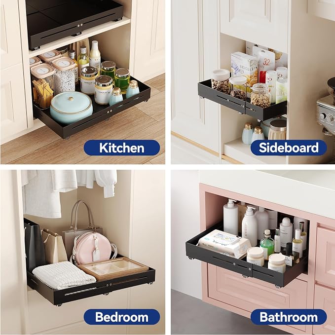 Pull out Cabinet Organizer, Full Metal Expandable Width (12.6"-20.8") & Depth (16"-24.4") Adjustable Slide out Drawers, No Drill Adhesive Roll out Shelves for Kitchen Pantry, Black - Image 6