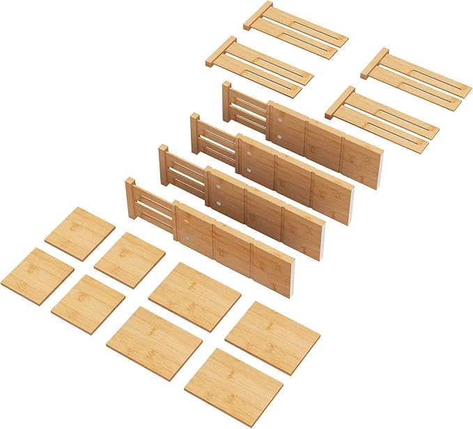 4.4" High Drawer Dividers with Inserts, Bamboo Drawer Dividers for Clothes, Expandable from 12-17.5", Adjustable drawer organizer for Bedroom, Kitchen & Office, 4 Dividers with 8 Insert. - Image 6