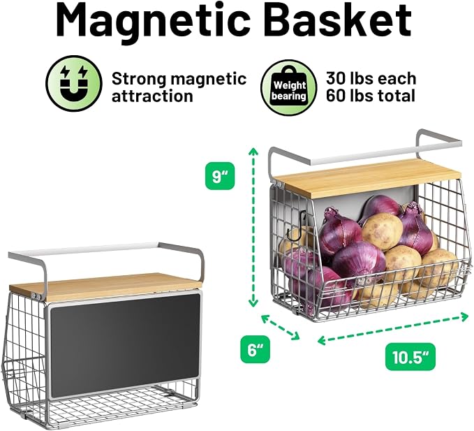 Magnetic Shelf for Fridge with Wood Lid, Fruit Potato and Onion Storage Bins, Pantry Organizers & Storage, Large Container Magnetic Spice Rack for Refrigerator, Kitchen Counter (Silver-gray, 2) - Image 5