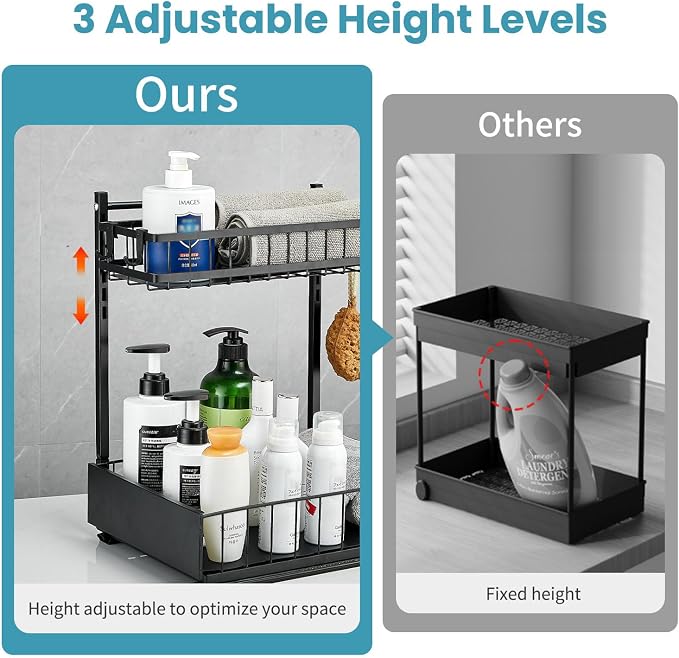 sagetta Black Under Sink Organizers with Sliding Rails Two Pack Under Kitchen Sink Organizers and Storage Pull out Kitchen Cabinet Organizer Height Adjustable Cabinet Storage Shelves Two Tiers - Image 3