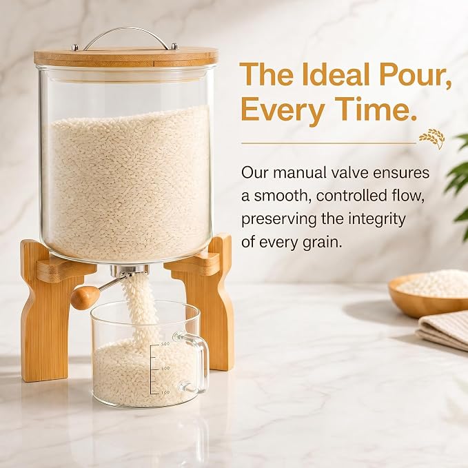 Goaste Glass Rice Dispenser with Bamboo Stand, 5L Flour Cereal Container with Airtight Lid, 8 Lbs Large Grain Food Storage Bucket, Countertop Beans Storage Tank with Measuring Cup & Valve for Dry Food - Image 7