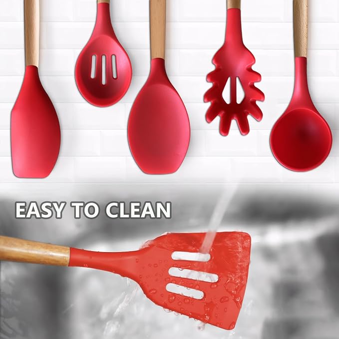 Kitchen Cooking Utensils Set 6Pcs Heat Resistant Silicone Kitchen Utensils Spatula Spoon Turner Ladle w Wooden Handle, BPA FREE Silicone Cooking Tool Gadget Set for Nonstick Cookware & Baking - Image 7