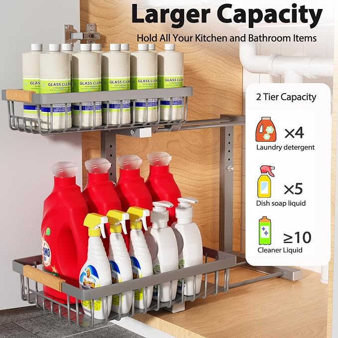 Liuoud Under Sink Organizer 2 Pack, 2 Tier Slide Out Large Capacity Height Adjustable Under Sink Organizers and Storage for Kitchen Bathroom Cabinet, Grey - Image 2