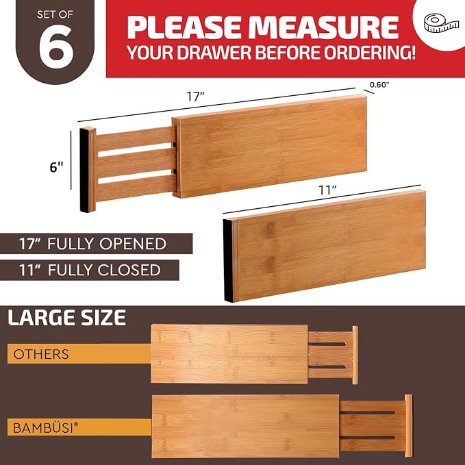 6-Pack Drawer Dividers 6-Inch High Dresser Drawer Organizer 11.5 to 17 Inch | Bamboo, Spring Loaded, No Tools Needed, for Clothes, Utensils, Socks and Deep Drawers in Bedroom, Bathroom, Kitchen, Office - Image 8