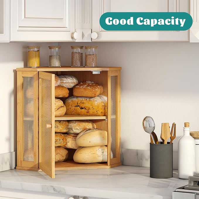 Corner Bread Box, Large Bamboo Bread Box for Kitchen Countertop, 2 Tier Wooden Bread Storage (Natural, Large) - Image 2