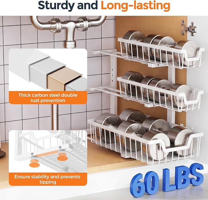 Under Sink Organizer, 2-Pack 3-Tier Height Adjustable Thickened Metal Pull out Cabinet Organizer Shelf, Slide out Storage Drawer Rack for Bathroom Kitchen Pantry Home Laundry Organization (White) - Image 4