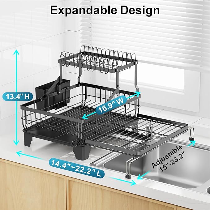 Large 2 Tier Dish Drying Rack - Expandable Over Sink & Counter Use | Extendable Drying Space, Auto-Drain Spout, Stable Screw-Fixed Frame, Cup & Utensil Holder, Rust-Resistant Kitchen Rack, Black - Image 3