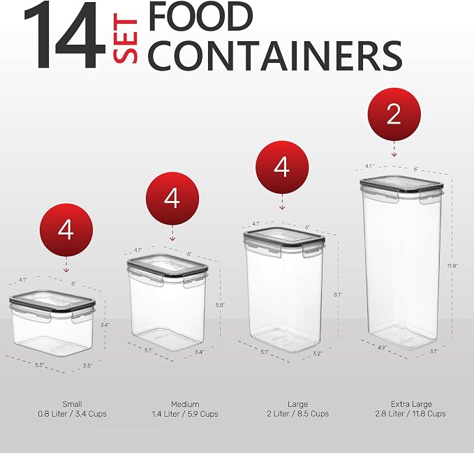 DWËLLZA KITCHEN Set of 14 Airtight Food Storage Containers for Pantry Organization and Storage - Sugar, Flour, Pasta, Spaghetti Plastic Air tight Kitchen Storage Containers With Lids, Labels & Marker - Image 3