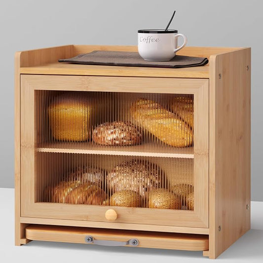 Bamboo Bread Box, Double Layer, Cutting Board, Kitchen, Natural | See-Inside Acrylic, Magnetic Closure, Countertop Bread, Fruit, Tea, Coffee Storage, Rear Vents Stay Fresh, Adjustable Shelf by bamzcbrz