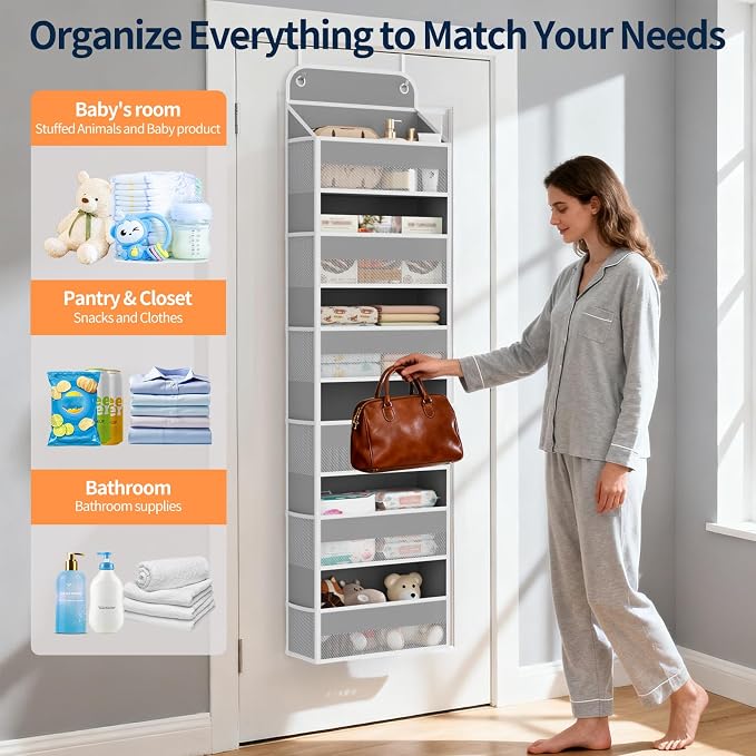 Yecaye 6 Tier Over the Door Organizer, 52.8lbs Capacity Door Organizer Hanging with 12 Mesh Pockets, Behind the Door Storage for Closet Baby Nursery Bathroom Bedroom,and Dorm,1Pc - Image 7