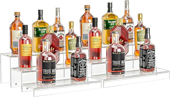 JUESHA 2 Pack Tiers Bar Shelves for Liquor Bottles (Patent: D1076520S) | 15" Clear Acrylic Risers Display Racks Stands for Figures Pops Cupcake Perfume Collections (Clear) by Unknown
