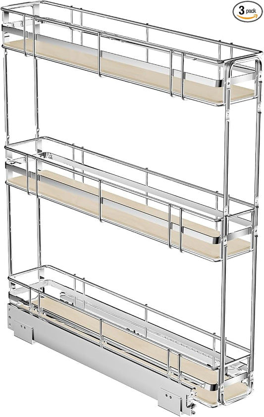 ROOMTEC 3-Tier Pull Out Cabinet Organizer Spice Rack for Narrow Cabinet 5" W x 20½" D, Slide Out Wood Shelves Storage for Kitchen by ROOMTEC