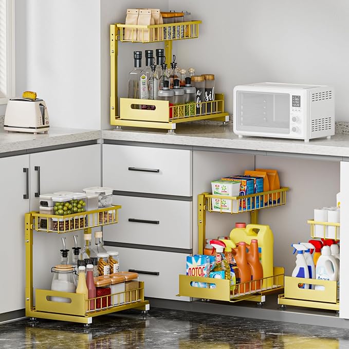L-Shaped Under Sink Organizer, 2-Tier Pull-out Cabinet Rack 1-Pack | Gold Height-Adjustable Steel Rack, Sliding Grid Drawers with PP Liners, Holds 100 Lbs, Suction Base, Ideal Kitchen Storage - Image 3
