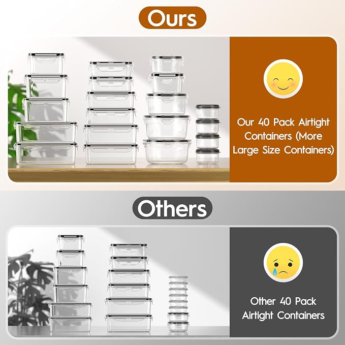 40 PCS Food Storage Containers with Lids Airtight (20 Containers & 20 Lids), Leak proof Meal Prep Container Set for Kitchen Storage, BPA-free, PVC-free Plastic, Microwave/Dishwasher Safe, Labels & Pen - Image 4