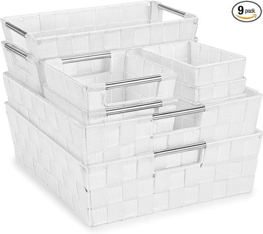 Sorbus Set of 9 Woven Storage Baskets – Mesh Hand-Woven Baskets for Organizing, Fabric Storage Bins for Linen Closet Organizer, Storage Baskets for Shelves, Home Organization and Decor (White) by Sorbus
