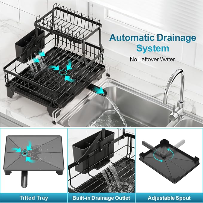 Large 2 Tier Dish Drying Rack - Expandable Over Sink & Counter Use | Extendable Drying Space, Auto-Drain Spout, Stable Screw-Fixed Frame, Cup & Utensil Holder, Rust-Resistant Kitchen Rack, Black - Image 6