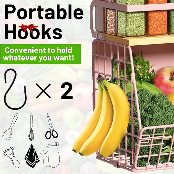 Magnetic Shelf for Fridge with Wood Lid, Fruit Potato and Onion Storage Bins, Pantry Organizers & Storage, Large Container Magnetic Spice Rack for Refrigerator, Kitchen Counter, Cabinet (Pink, 2) - Image 6