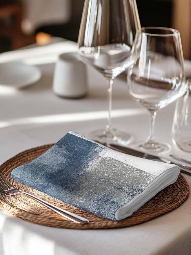 Blue Grey White Block Cloth Napkins Set of 8, Geometric Oil Painting Abstract Art Dinner Napkins Cloth Washable, Cocktail Napkins Reusable for Wedding, Party, Birthday (20"x20") - Image 7