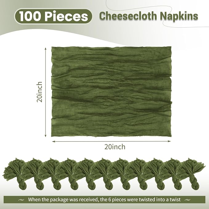 100 Pack Olive Green Napkins 20x20Inch Cheesecloth Napkins | Elegant Cloth Napkins for Table, Washable Rustic Boho Gauze Napkins, for Wedding Party Bridal Baby Shower Christmas Decor - Image 2