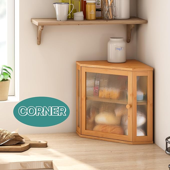 viewcare Corner Bread Box for Kitchen Counter, Bamboo Wood Large Capacity Bread Storage Bin with Acrylic Wavy Door Panel (Natural, Meduim) - Image 2
