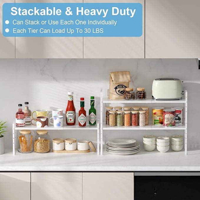 15.5 to 25.5 Inch Kitchen Cabinet Shelf Organizers, Adjustable Kitchen Counter Shelf Organizer, Set of 4 Expandable Countertop Storage Shelves, Stackable Design, 30LBS Heavy Duty, Space Saver - Image 5