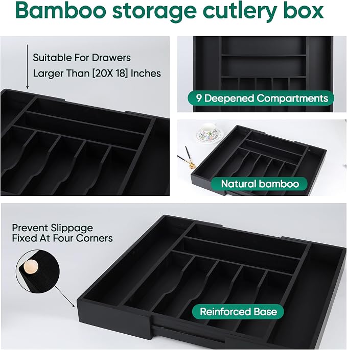 Bamboo Silverware Organizer, Expandable 9-Compartment Drawer Tray | 9 compartments, expandable 13.46-19.88 in width, bamboo construction, for flatware, utensils, and household items - Image 3