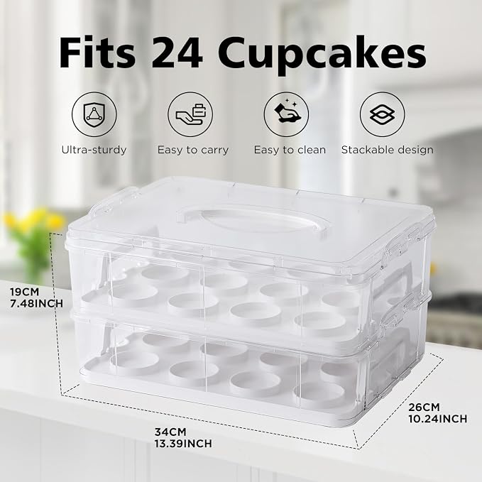 Two Tier Cupcake Carrier, White Stackable Cupcake Holder Carries for 24 Standard-Size Cupcakes, Reusable Detachable Cupcake Box - Image 2