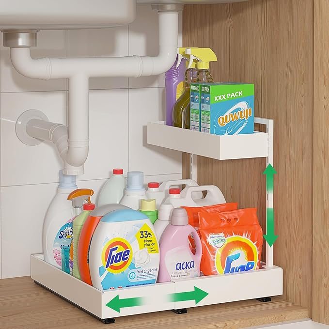 L-Shaped Under Sink Organizer with 6-Level Height Adjustment | Expandable Width, Pull-Out Cabinet Storage Rack with Quiet Sliding Rails for Kitchen, Bathroom, Laundry Room Cabinets, White by REALINN