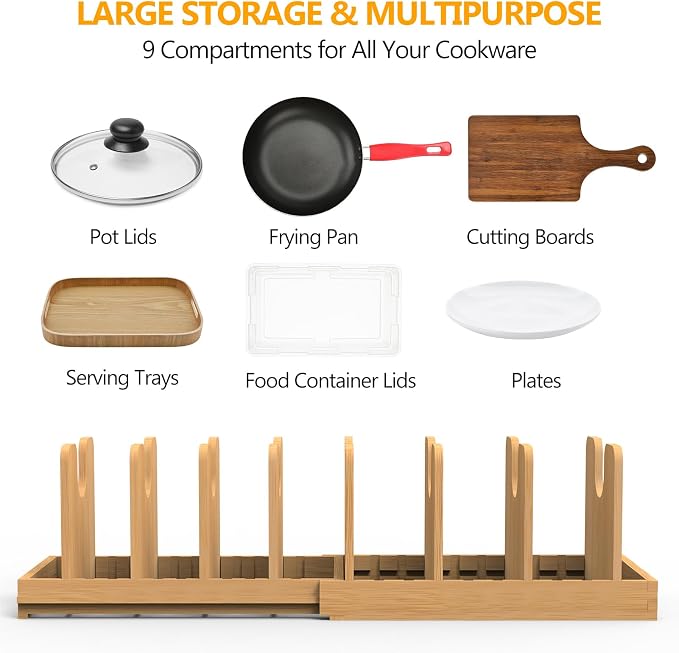 Pots and Pans Organizer under Cabinet,Pot and Pan Organizer,Lid Organizer | Expandable Bamboo Pan and Lid Organizer, 16" to 28" Adjustable Length and 10 Dividers - Image 3