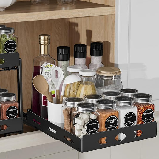 BOIVSHI Pull Out Spice Rack for Cabinet, 1 Tier, 8.4''Wx10.5''Dx2.8''H | Heavy Duty Metal Spice Rack Organizer for Pantry, Vertical Design Saves Space Inside the Cabinets, Black by BOIVSHI