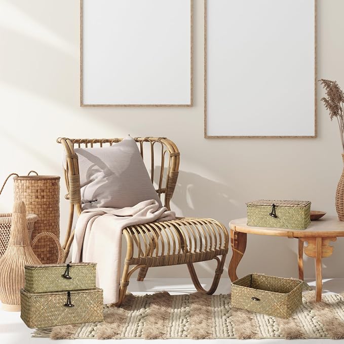 Woanger Set of 4 Wicker Baskets with Lids, Nautral Seagrass Storage Baskets, Woven Rectangular Basket Bins, Rattan Storage Organizer for Shelf Closet Bedroom(Natural Color) - Image 4