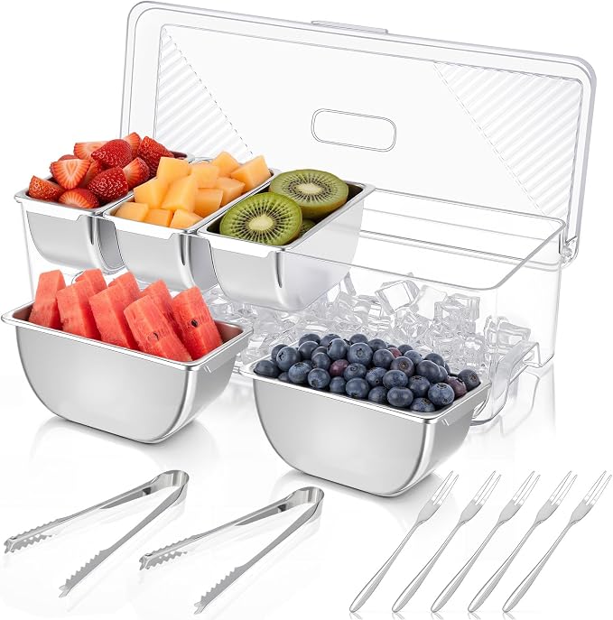 Large Ice Chilled Condiment Server Caddy with 5 Stainless Steel Removable Compartments, Clear Plastic Garnish Tray with Lid, 5 Forks and 2 Tongs, Fruit, Salad, Taco, Bar Platter for Party Bar Supplies by SiliFine