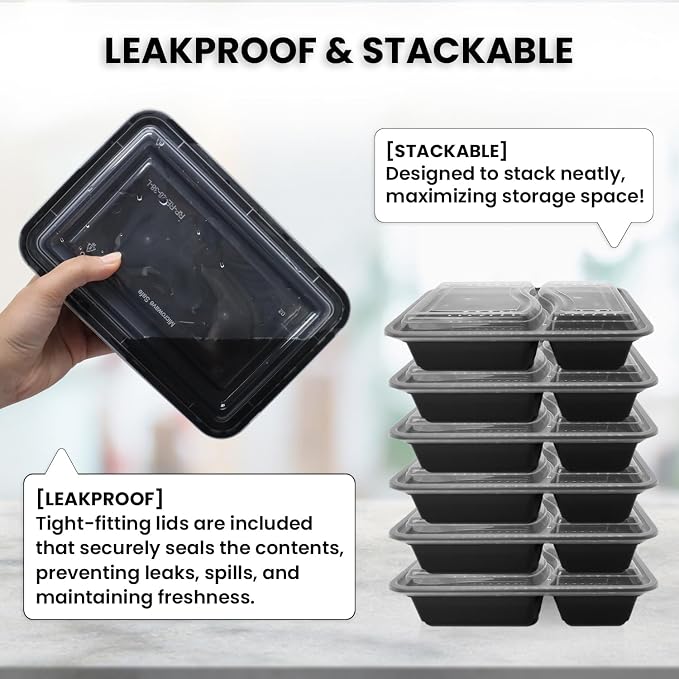 Klex 32 Oz, 150 Sets 2 Compartment Meal Prep Containers with Airtight Lids, BPA Free, Reusable Plastic Food Container, 32 oz, Rectangular, Black/Clear, 150 Sets - Image 4