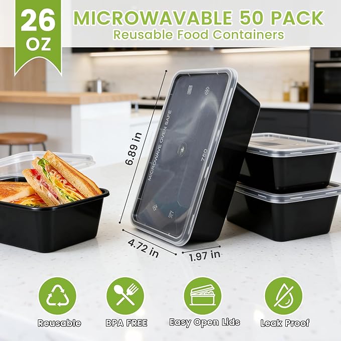 50-Pack Meal Prep Containers, Single Compartment with lids, 26 OZ. | Reusable Microwave Disposable Plastic Bento Boxes BPA Free Lunch Storage Boxes for Meal Prepping-Stackable, Dishwasher Safe. - Image 2