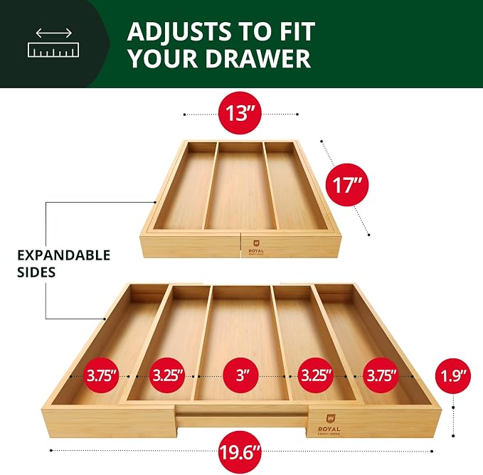 ROYAL CRAFT WOOD Luxury Bamboo Kitchen Drawer Organizer - Silverware Organizer - Utensil Holder and Cutlery Tray with Grooved Drawer Dividers for Flatware and Kitchen Utensils - Image 8