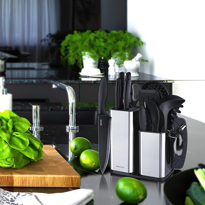 Kitchen Utensils Set,18-Piece Cooking Utensils and Knife Set,Black | Food-grade Silicone Heat-safe to 410°F, Detachable Stainless Steel Holder, 5 Kitchen Knives and Cutting Board All-in-one - Image 2