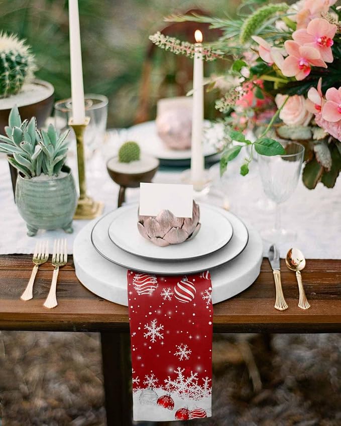 Red Christmas Dinner Cloth Napkins Set of 8, Xmas Ball Winter Snowflake Washable Cocktail Cloth Napkins, Sliver Needles Reusable Table Napkins for Wedding Holiday Party, 20 x 20 Inch - Image 6